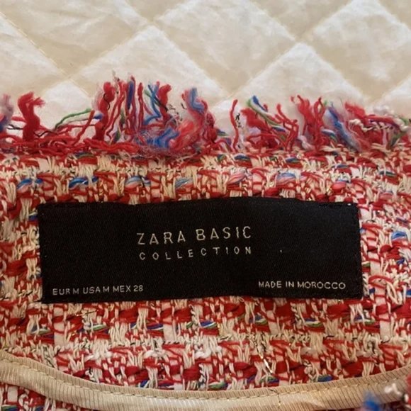ZARA Boho blazer jacket frayed fringe tweed influencer fave red white sz medium - Picture 5 of 8